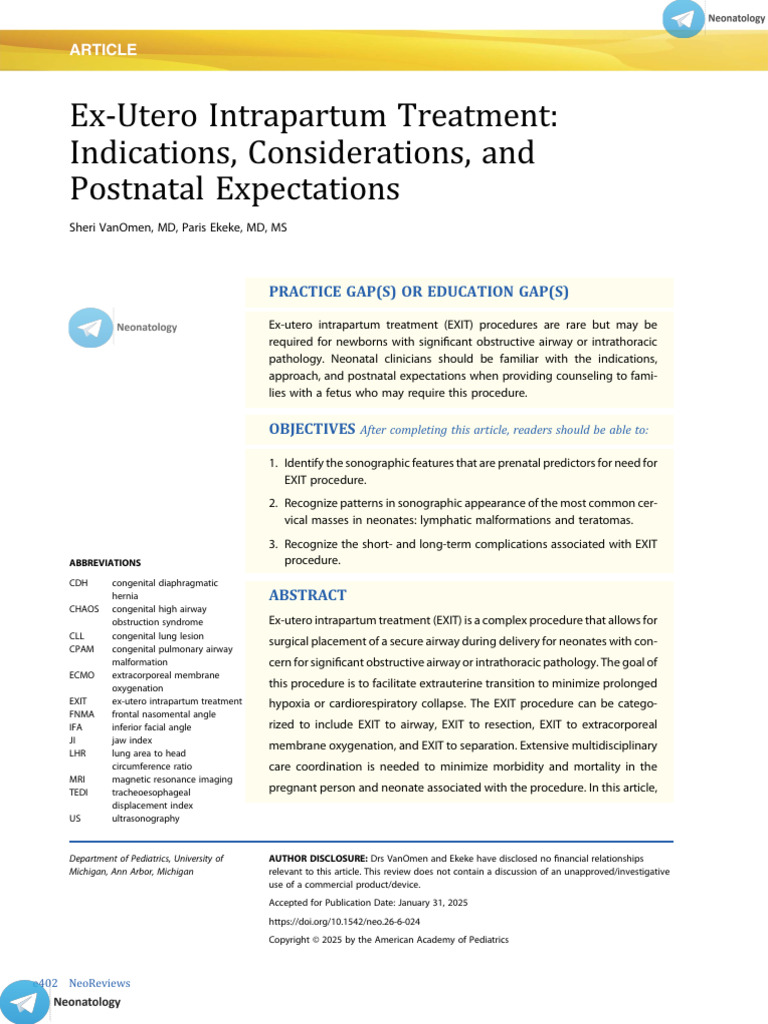 EXIT Procedure: Indications and Outcomes | PDF | Fetus | Preterm Birth