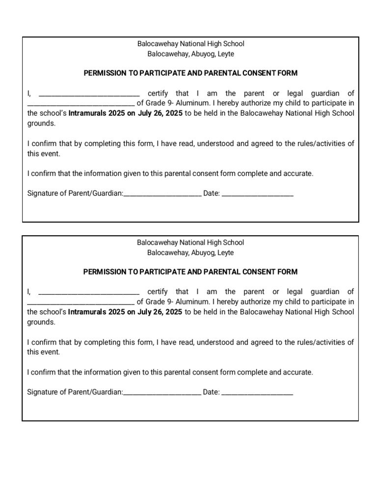 Parental Consent for Intramurals 2025 | PDF