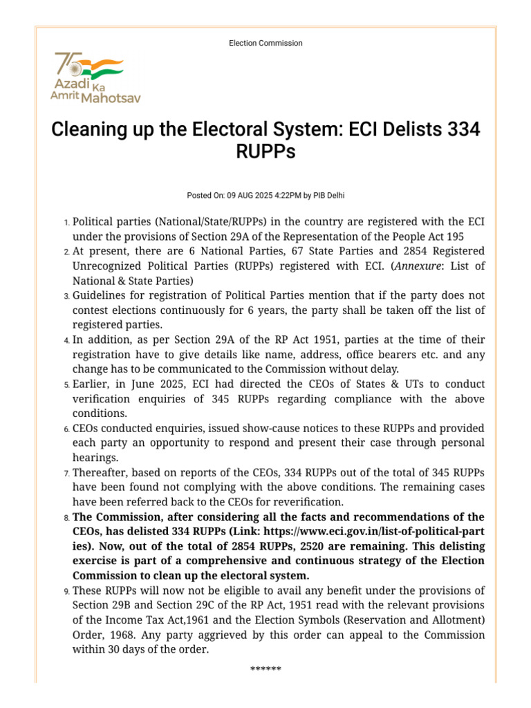 ECI Delists 334 Non-Compliant RUPPs | PDF | Government Related ...