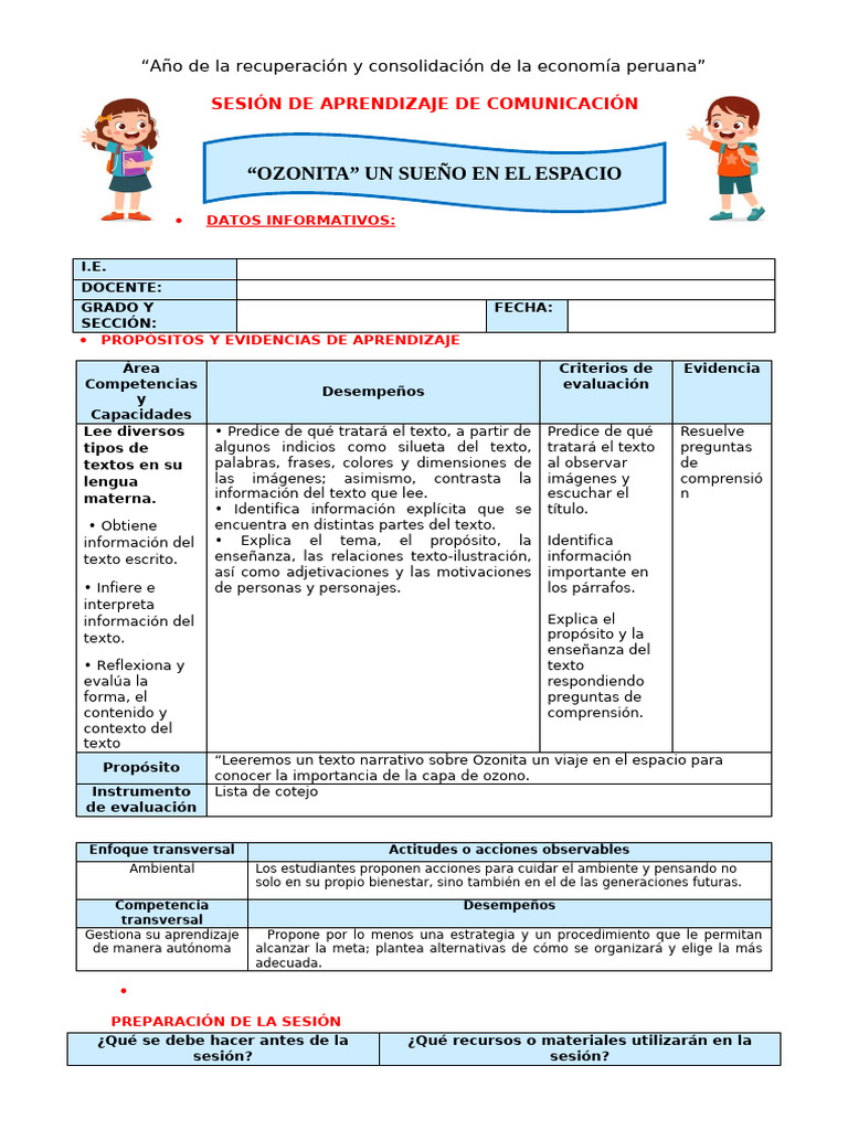 Sesion de Plan Lector - Ozonita - A | PDF | Ozono | Aprendizaje