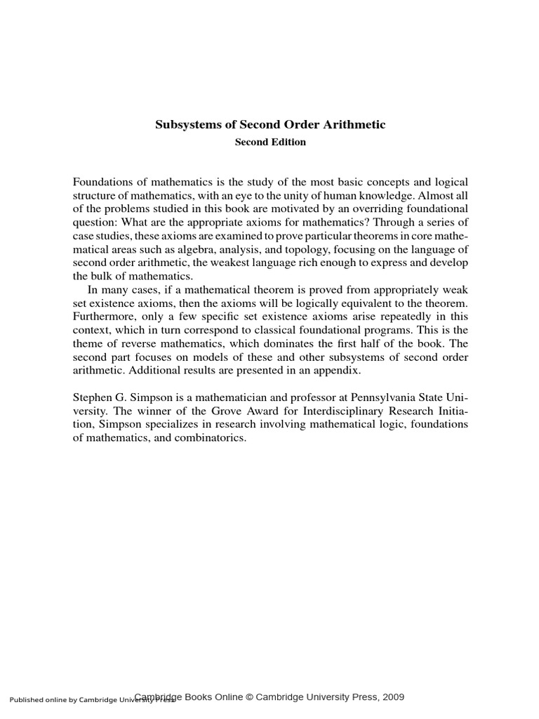 Subsystems of Second Order Arithmetic | PDF | Axiom | Mathematics