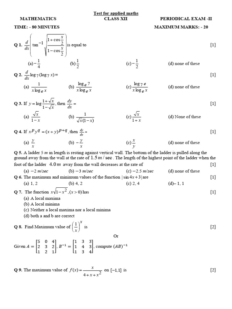 Class XII Applied Mathematics Exam | PDF | Matrix Theory | Mathematical ...