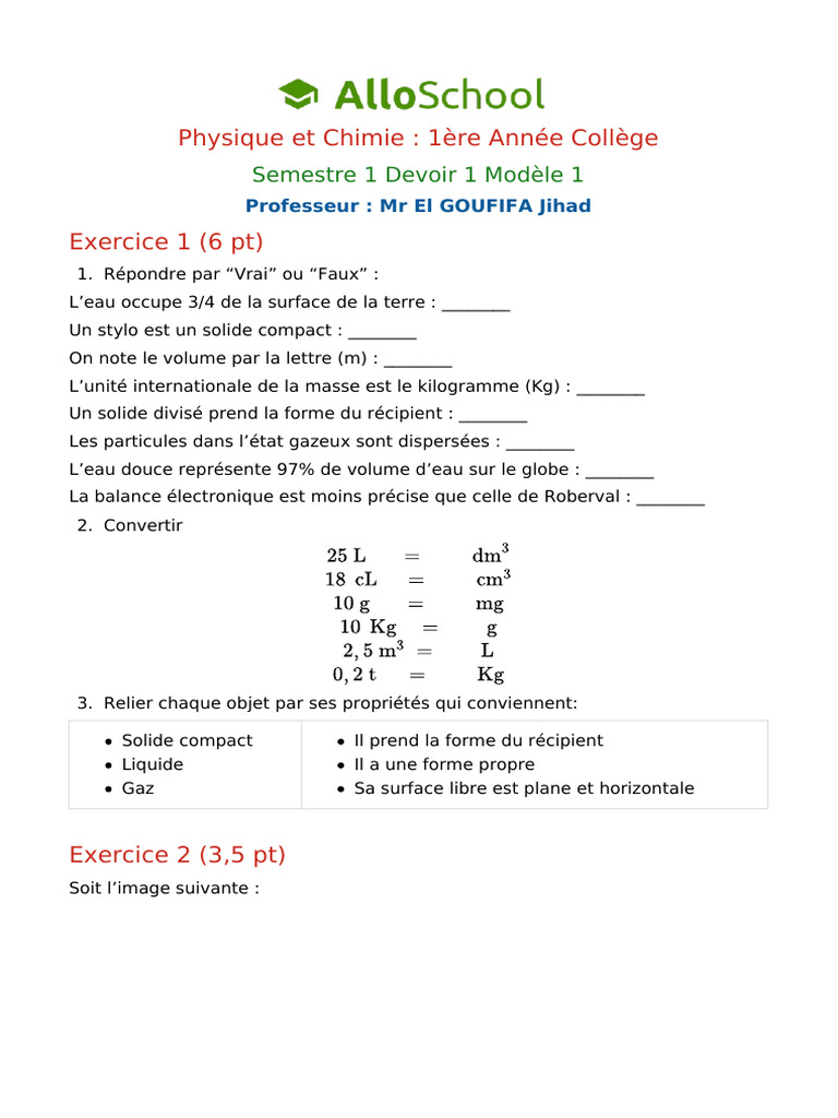 Devoir de Physique-Chimie 1AC Semestre 1 | PDF