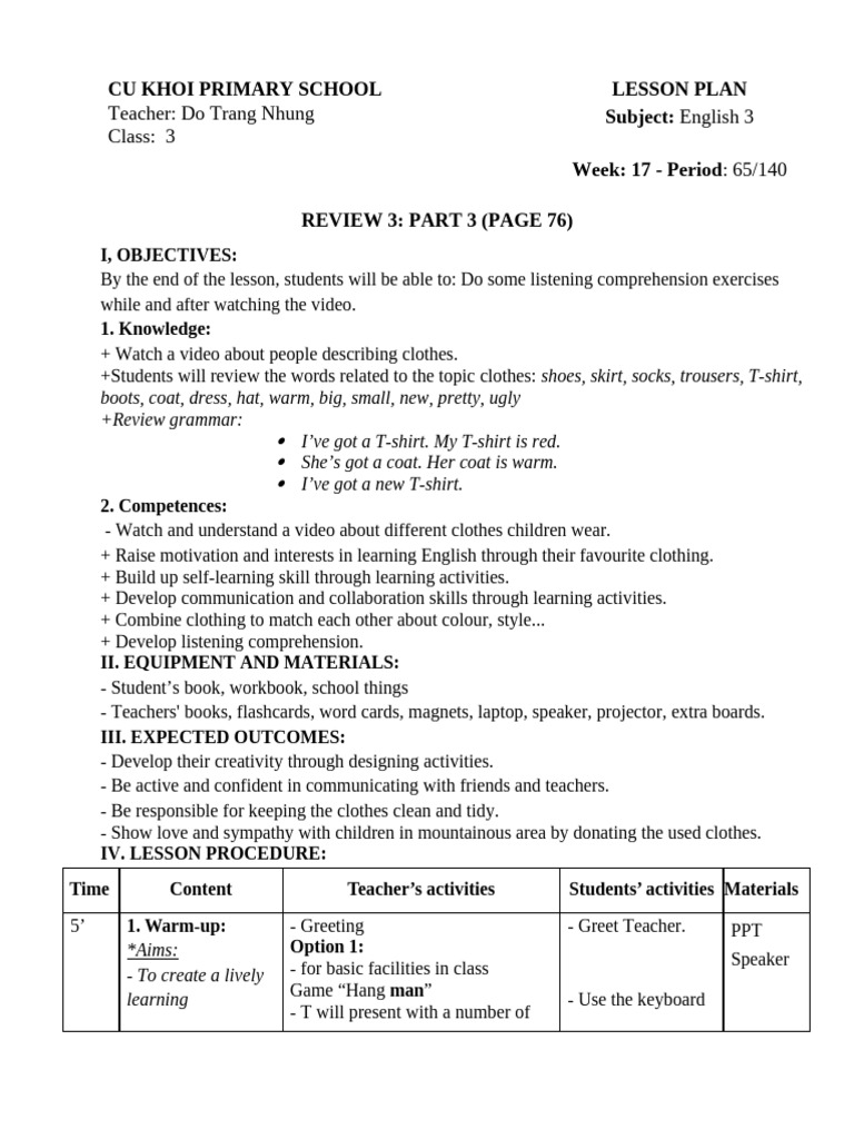 English Lesson Plan for Grade 3 Students | PDF | Vocabulary | Lesson Plan