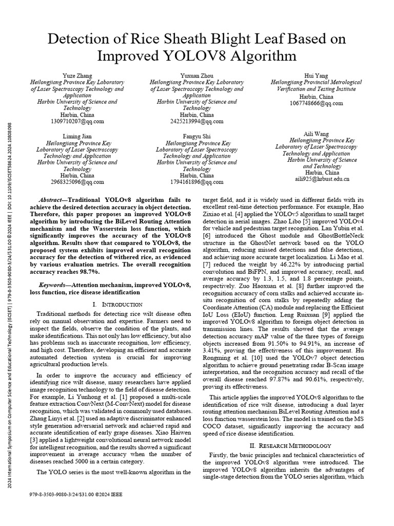 Improved YOLOv8 for Rice Disease Detection | PDF | Attention | Experiment