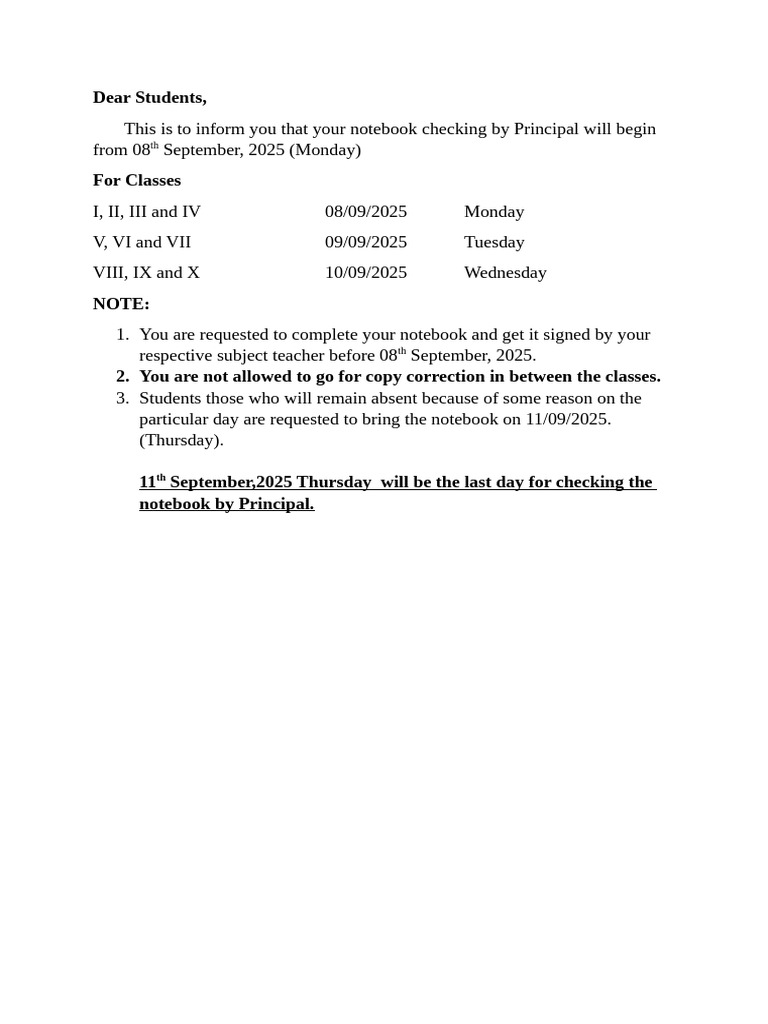 Notebook Checking Schedule for Students | PDF