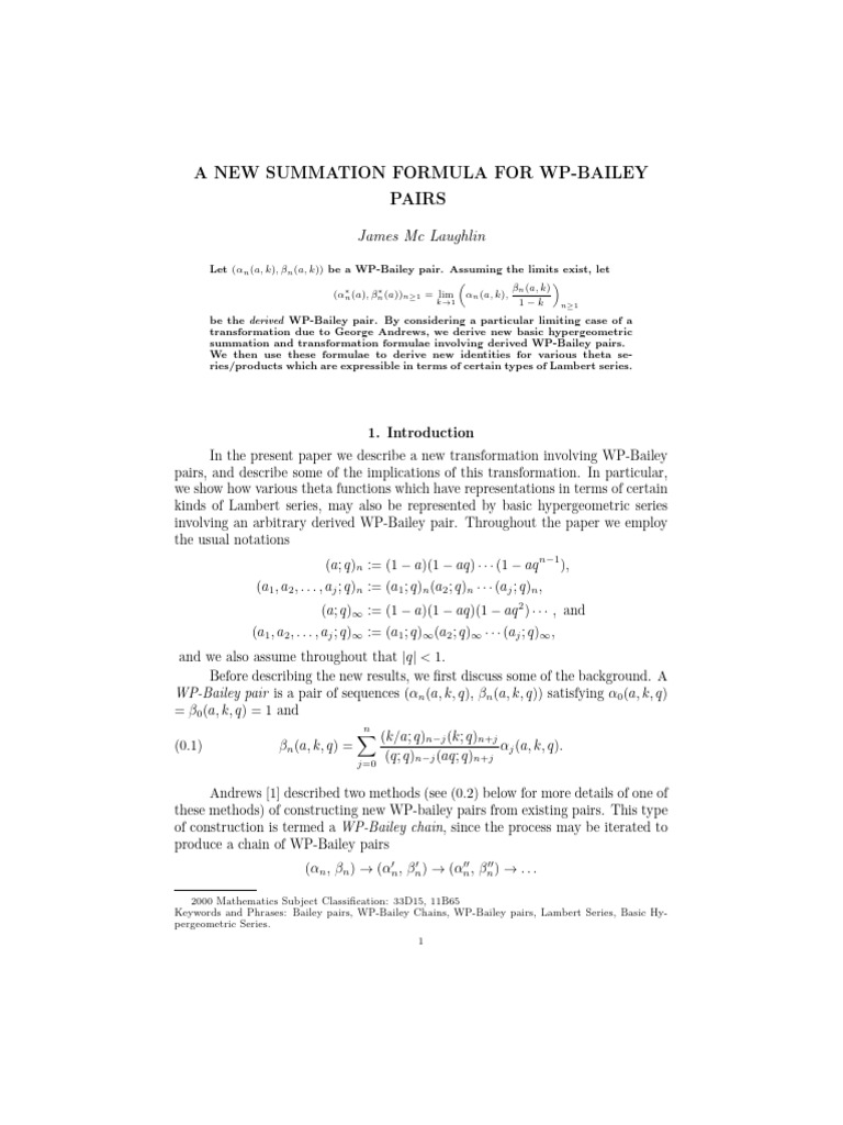 New WP-Bailey Pair Summation Formula | PDF | Mathematics | Mathematical ...