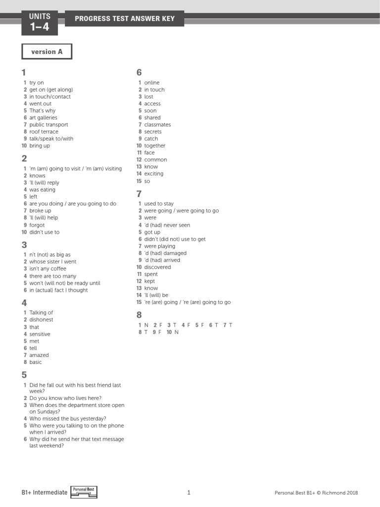 B1+ Intermediate Progress Test Answers | PDF