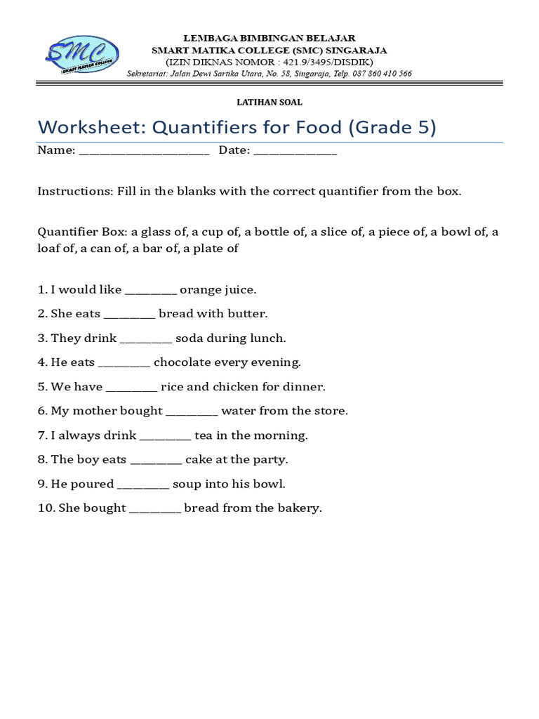 Grade 5 Quantifiers Worksheet | PDF