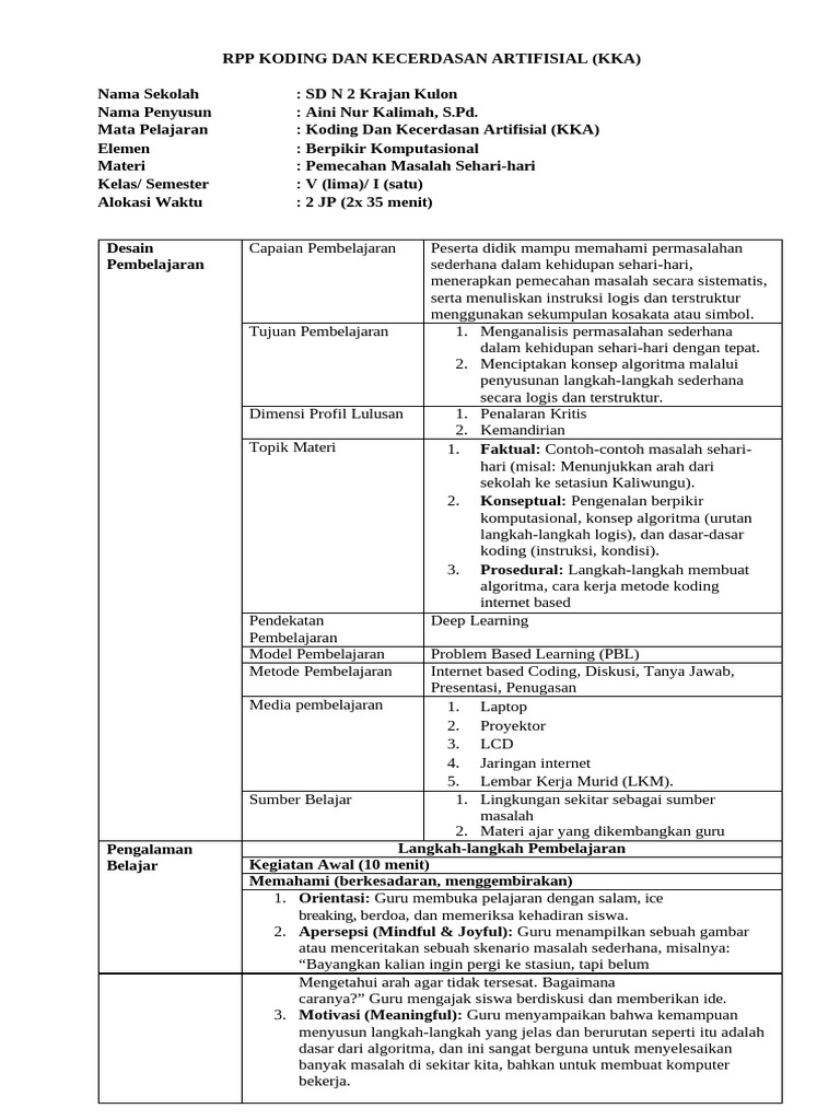 RPP Koding dan Kecerdasan Artifisial SD | PDF