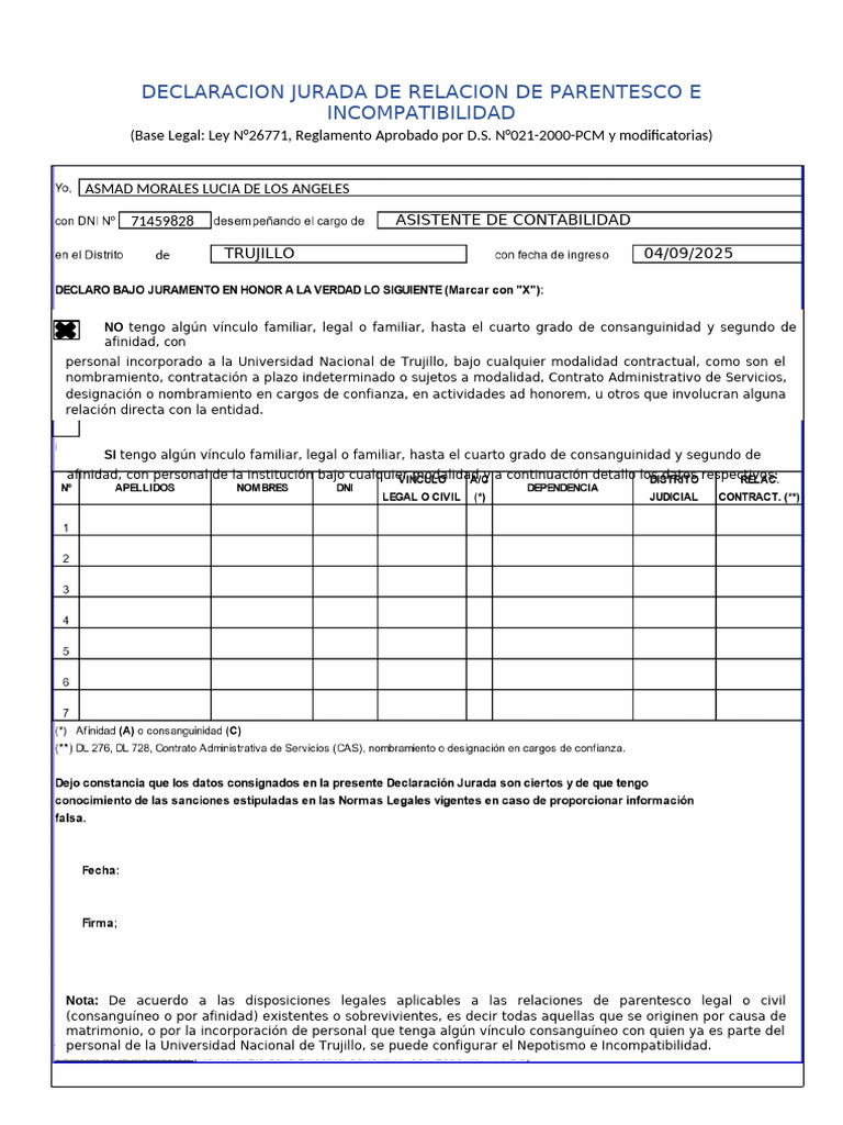 Modelo de Declaración Jurada de Parentesco | PDF