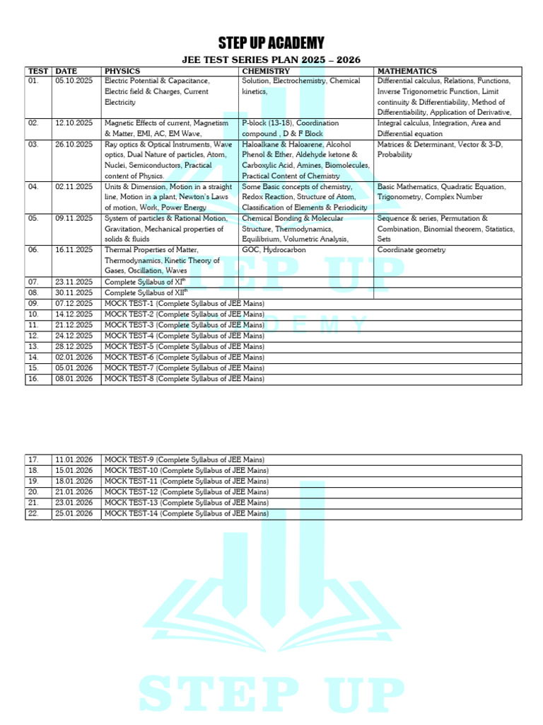 JEE Test Series Schedule 2025-2026 | PDF | Chemistry | Physics