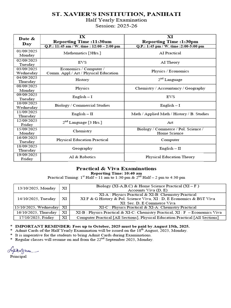 St. Xavier's Half Yearly Exam Schedule 2025 | PDF | Science