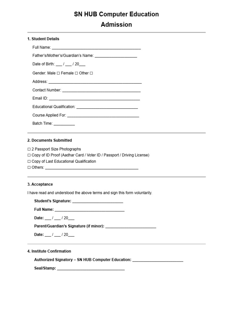 SN HUB Admission Form | PDF
