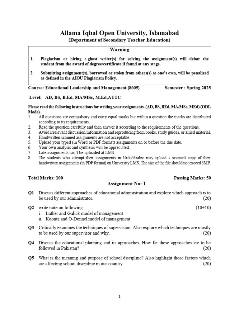 AIOU Educational Leadership Assignment Guide | PDF