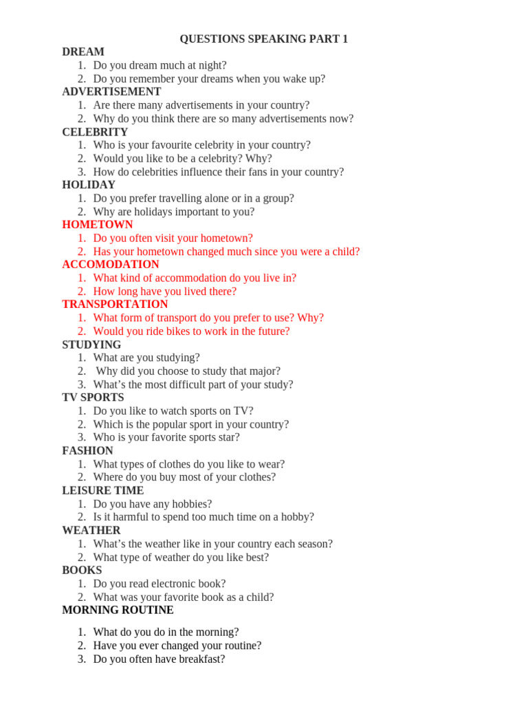 Speaking Part 1 & 2 Questions Guide | PDF