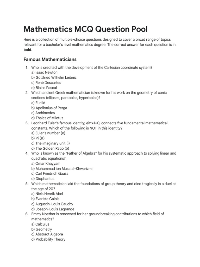 Mathematics MCQ Question Pool | PDF | Mathematics | Conjecture