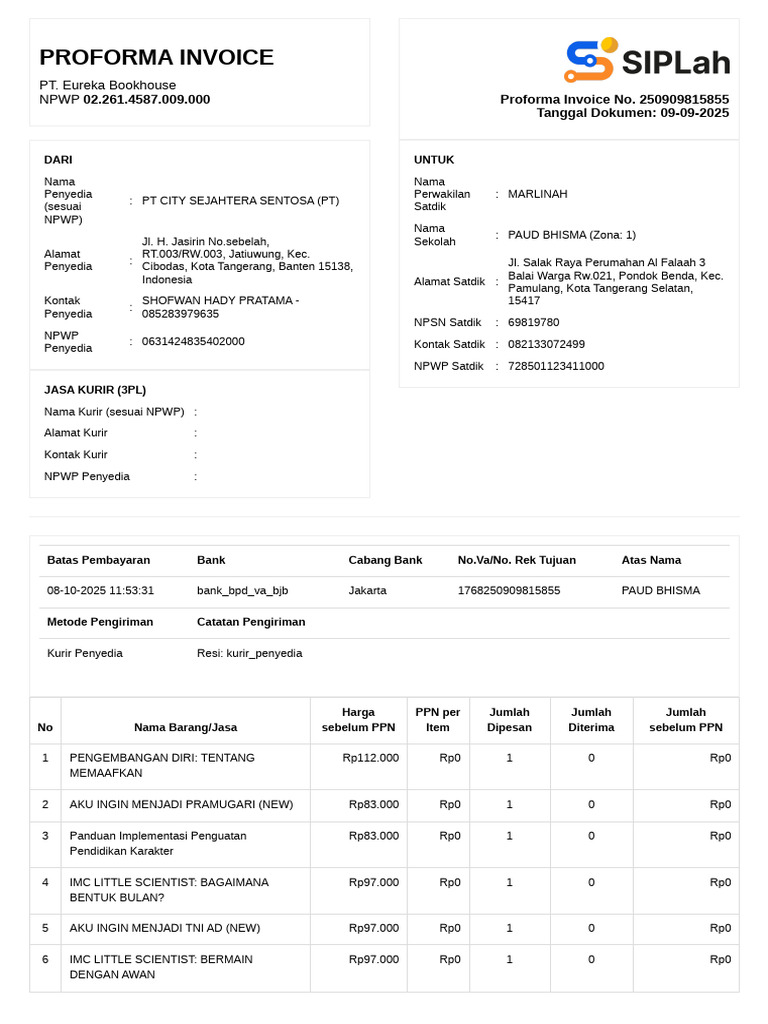Proforma Invoice PT Eureka Bookhouse | PDF