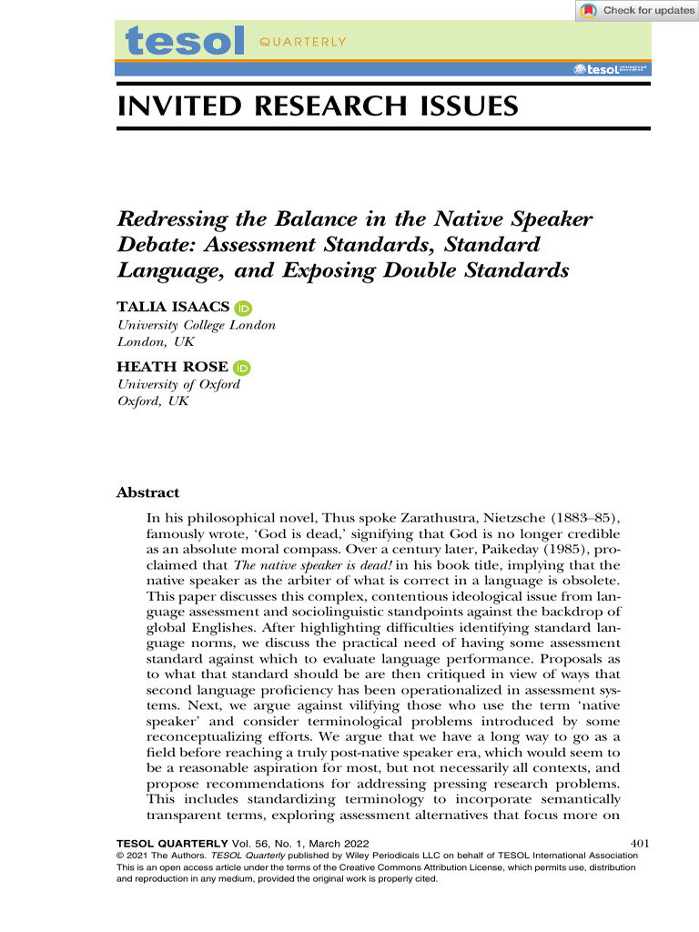 TESOL Quarterly - 2021 - Isaacs - Redressing The Balance in The Native ...