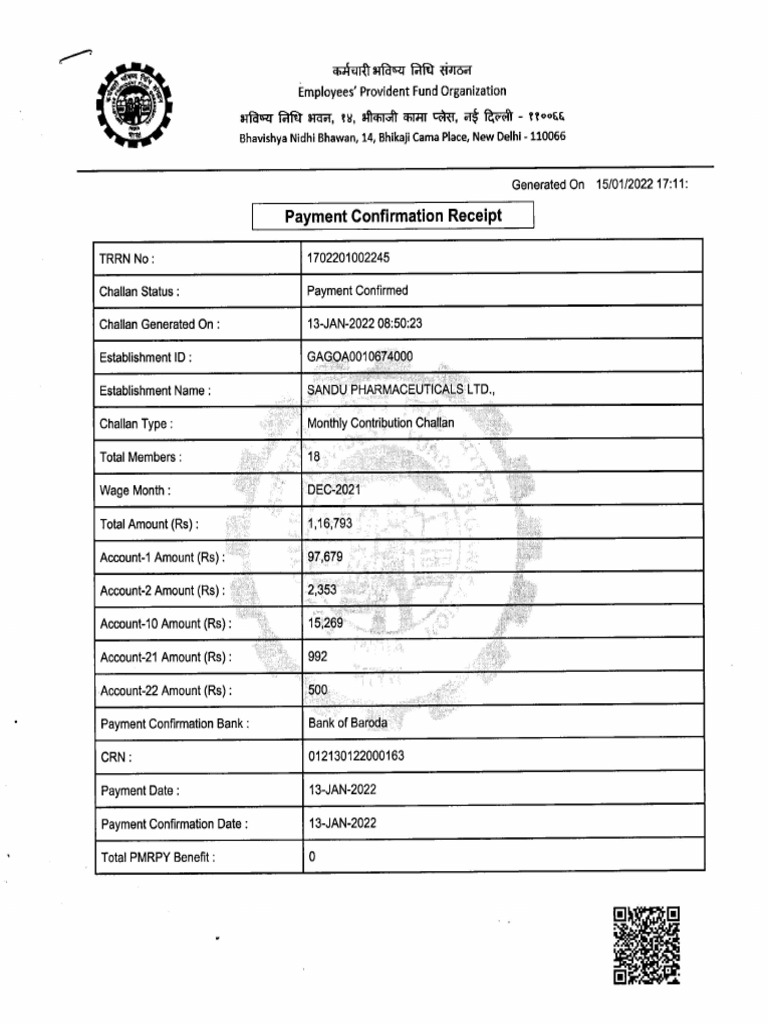 Payment Receipt PF - Dec 2021 | PDF