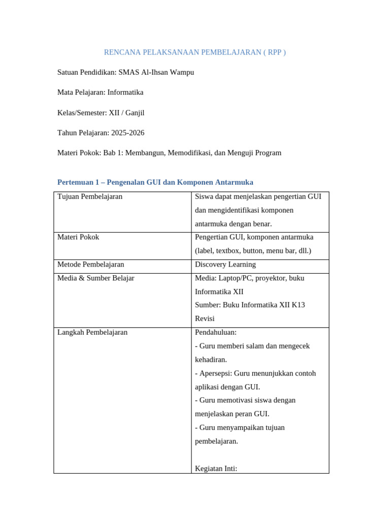 RPP Informatika Kelas XII: GUI & Pengujian | PDF