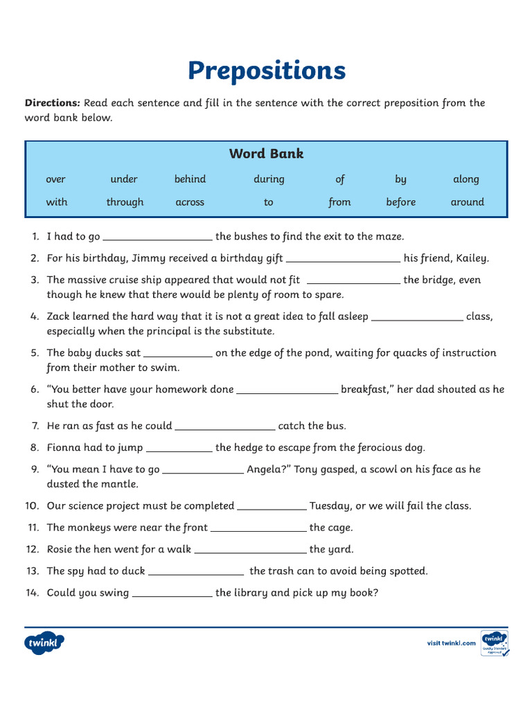 Worksheet of Preposition | PDF