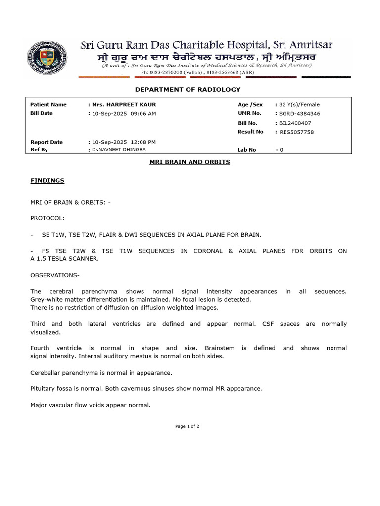 Department of Radiology: 10-Sep-2025 09:06 AM SGRD-4384346 BIL2400407 ...