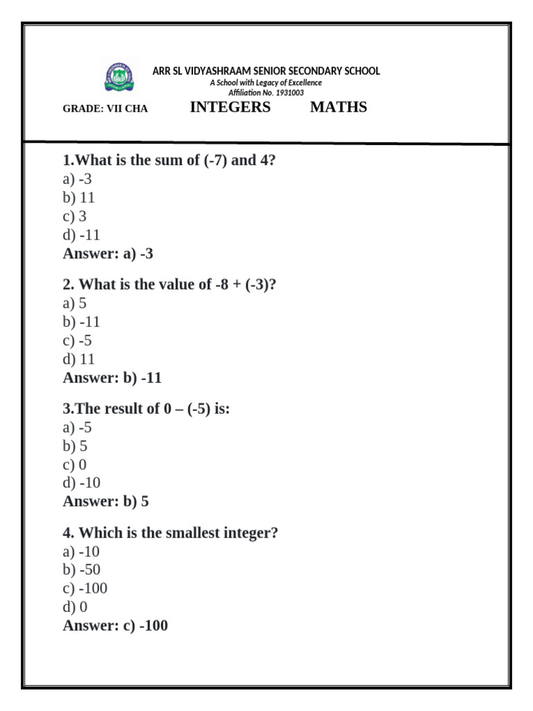 Integer Operations for Grade VII Maths | PDF | Integer | Discrete ...