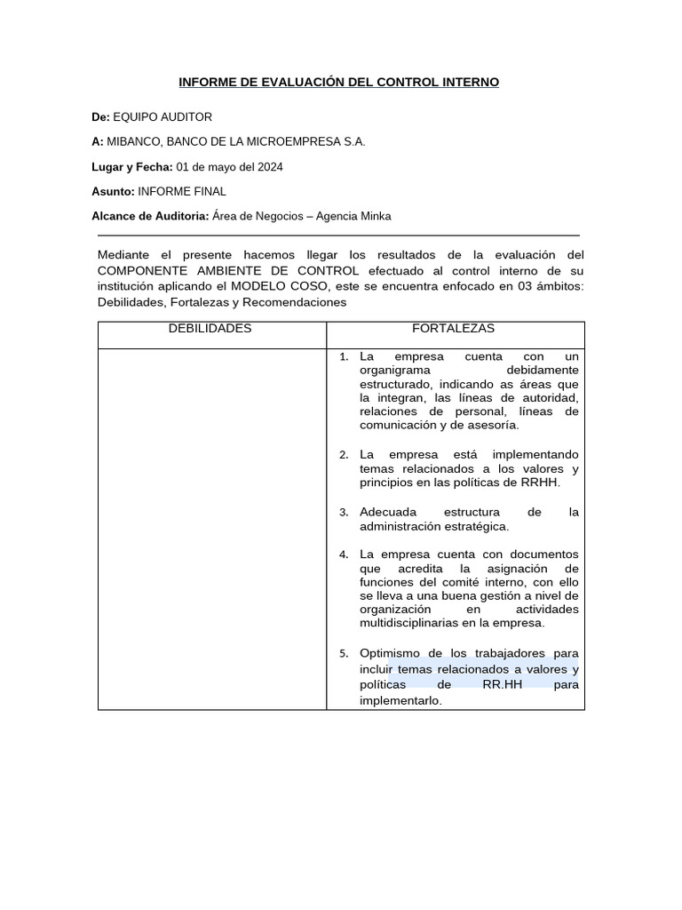 Informe de Evaluacion de Control Interno | PDF | Auditoría | Business