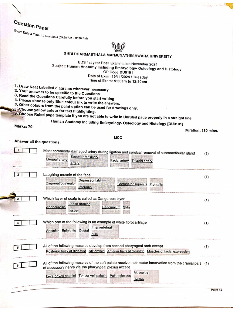 Final Year Papers 1st Yr BDS | PDF
