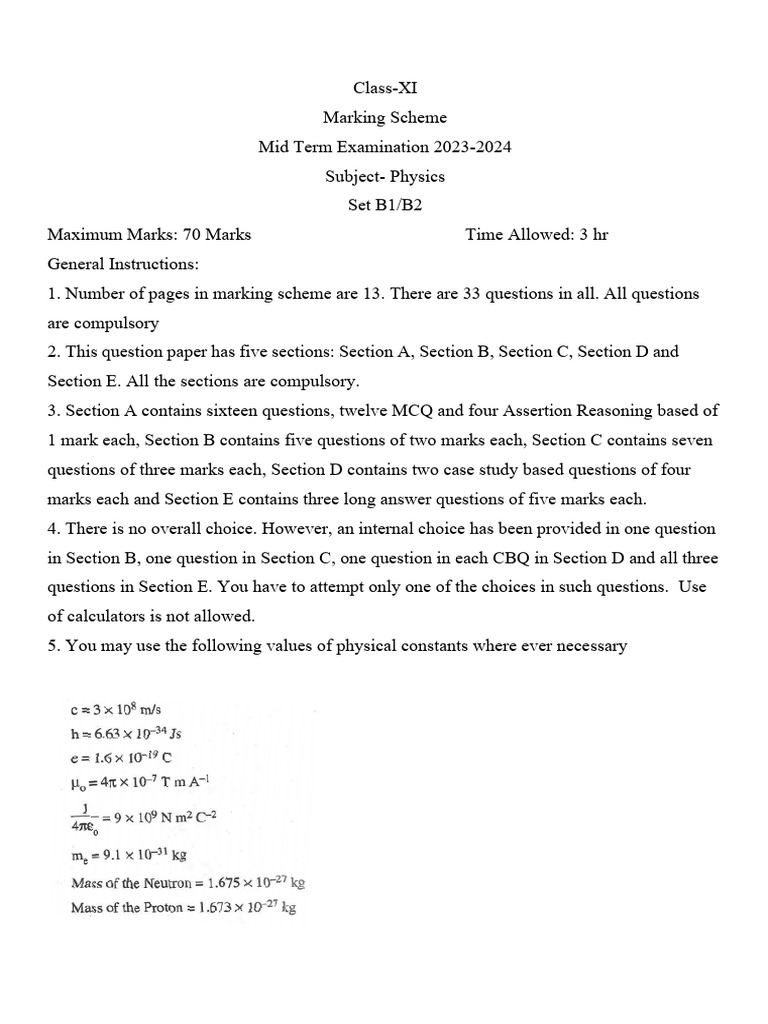 Class XI Physics Mid Term Exam Marking Scheme | PDF | Force | Friction
