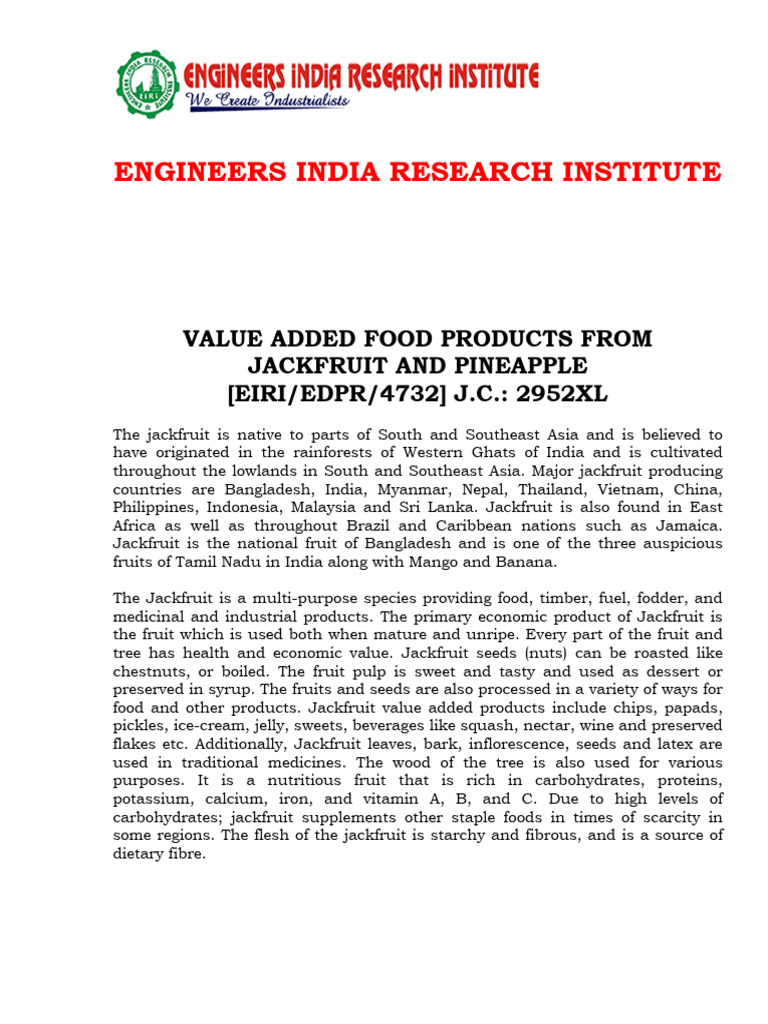 Detailed Project Report On VALUE ADDED FOOD PRODUCTS FROM JACKFRUIT AND ...