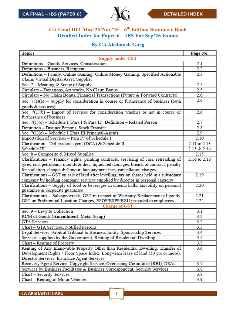 CA Final IDT Sep'25 Index for IBS - May'25 Nov'25 - 6th Edition | PDF ...