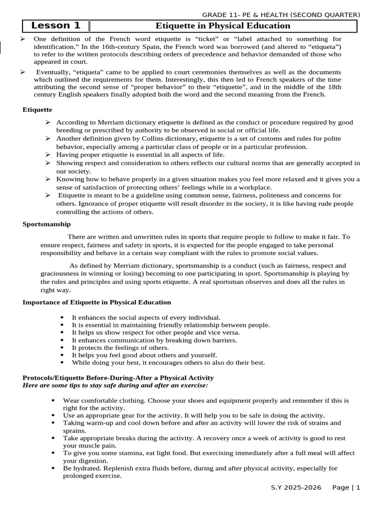 Etiquette and Safety in PE & Health | PDF | Physical Fitness | Strength ...