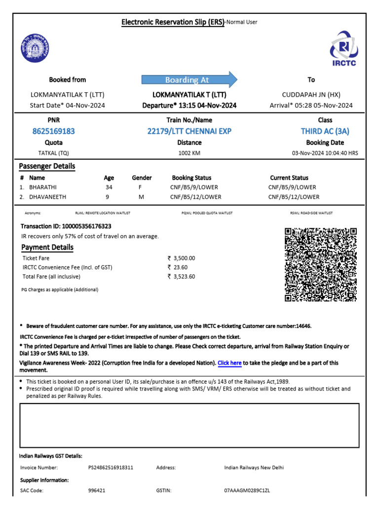 22179/Ltt Chennai Exp Third Ac (3A) | PDF | Identity Document | Payments