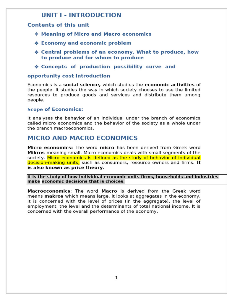 UNIT I Micro 2024 25 Notes | PDF | Economics | Microeconomics