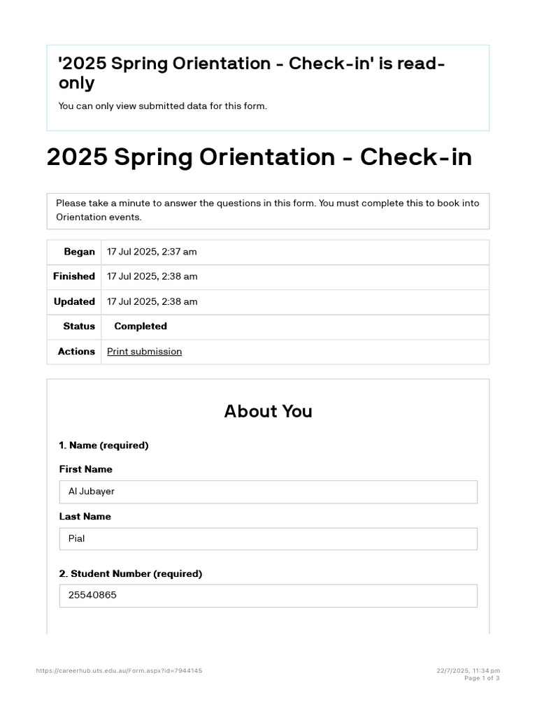 UTS Spring Orientation 2025 Check-in | PDF