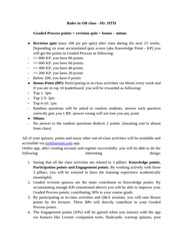 OB Class Grading and Engagement Rules | PDF