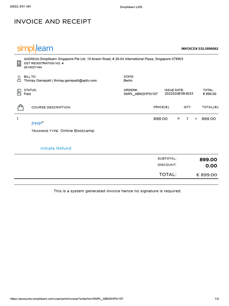 Simplilearn PMP Course Invoice | PDF