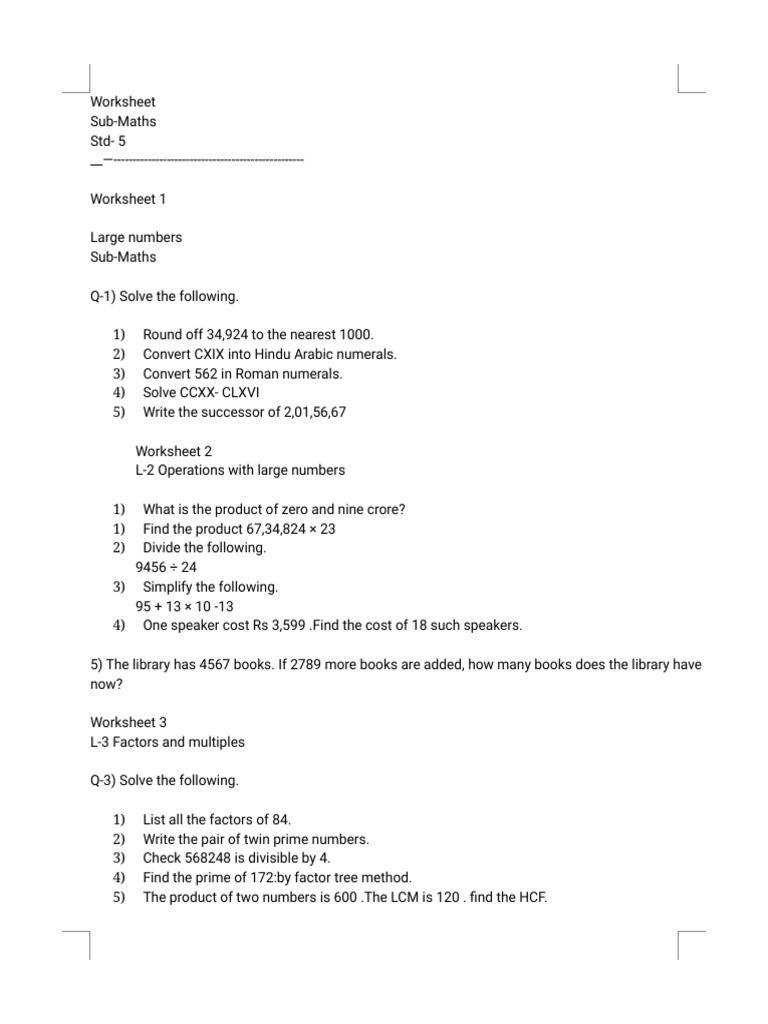 Grade 5 Maths Worksheets on Numbers | PDF | Angle | Number Theory