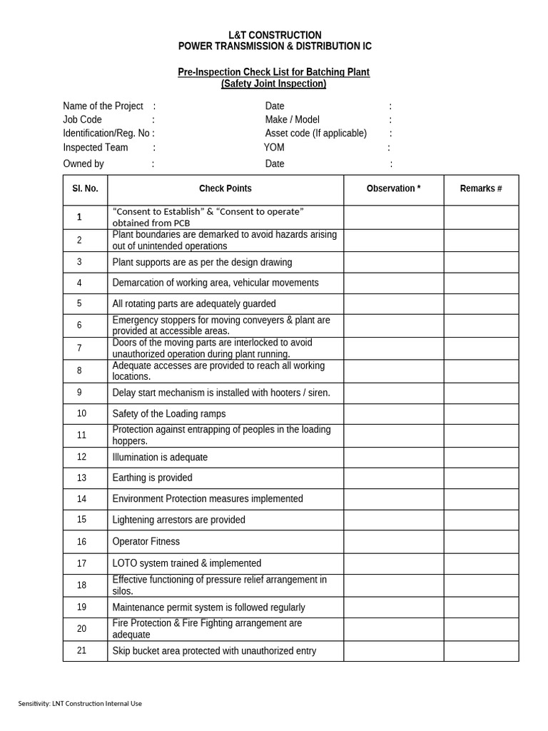 2.Pre-Inspection Check List - Batching Plant | PDF