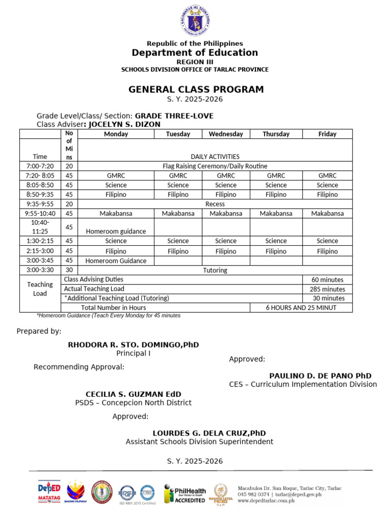 Grade Three Class Program 2025-2026 | PDF