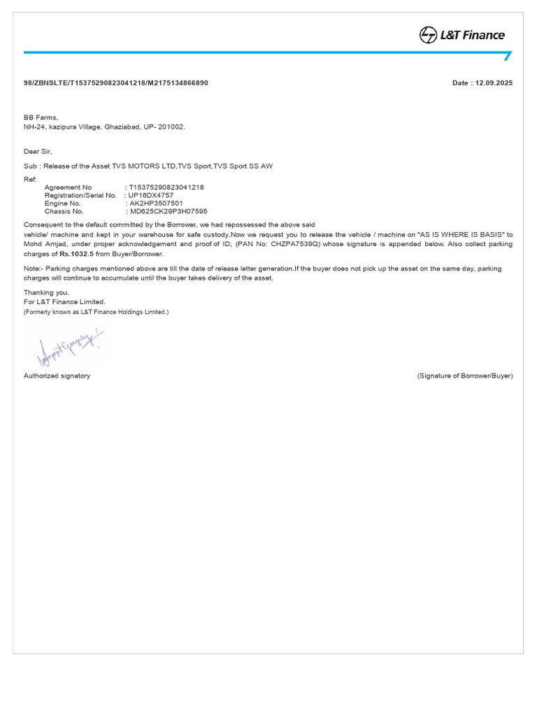 Asset Release Notice for TVS Motors Vehicle | PDF
