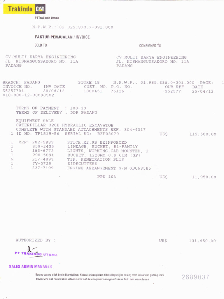 Equipment Sale Invoice Details | PDF