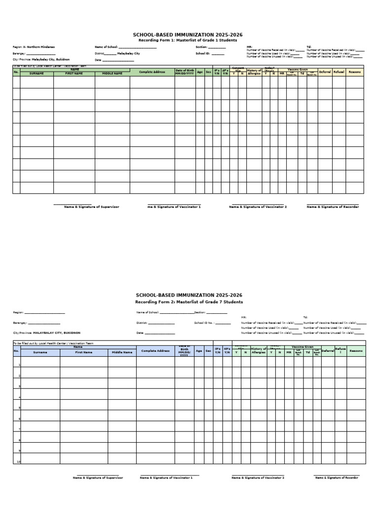 Malaybalay School Immunization Forms | PDF | Vaccines | Health Sciences