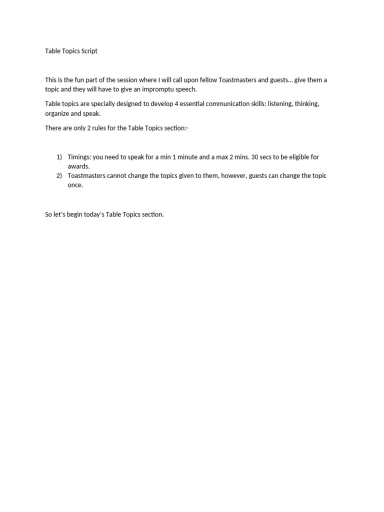 Table Topics Master Script | PDF