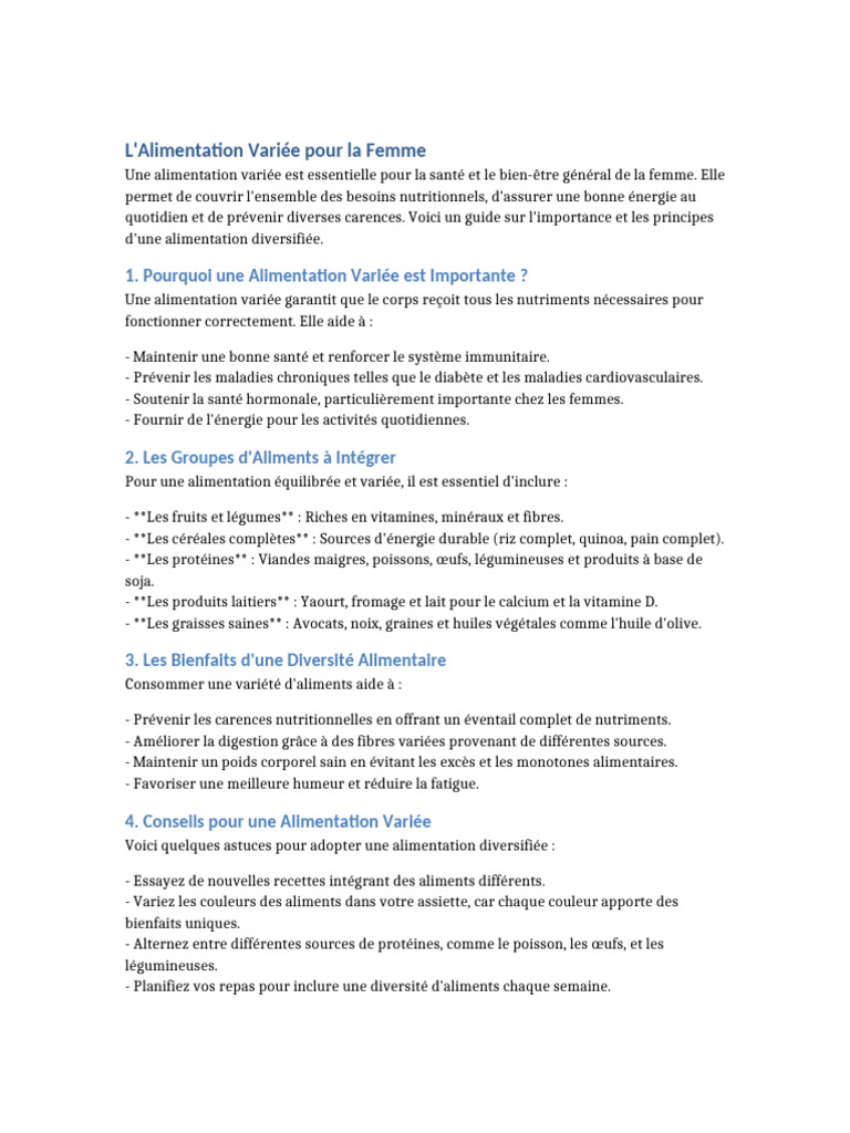 Alimentation Variée pour la Femme : Guide Essentiel | PDF | Nutriments ...