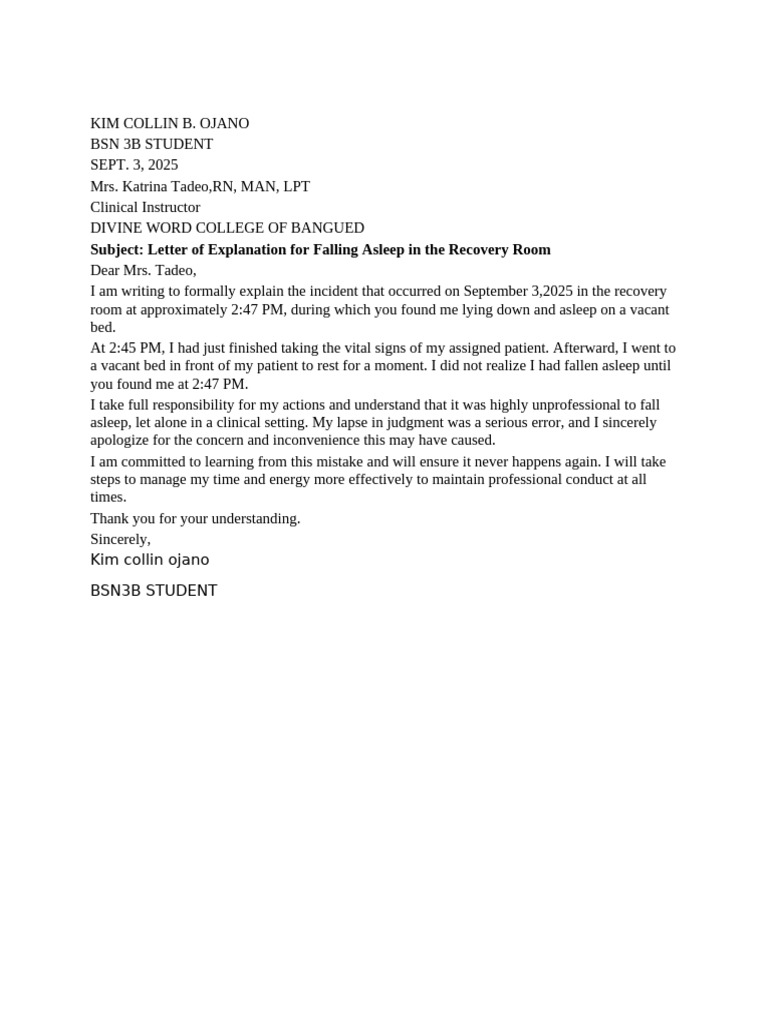 Explanation for Sleeping in Recovery Room | PDF