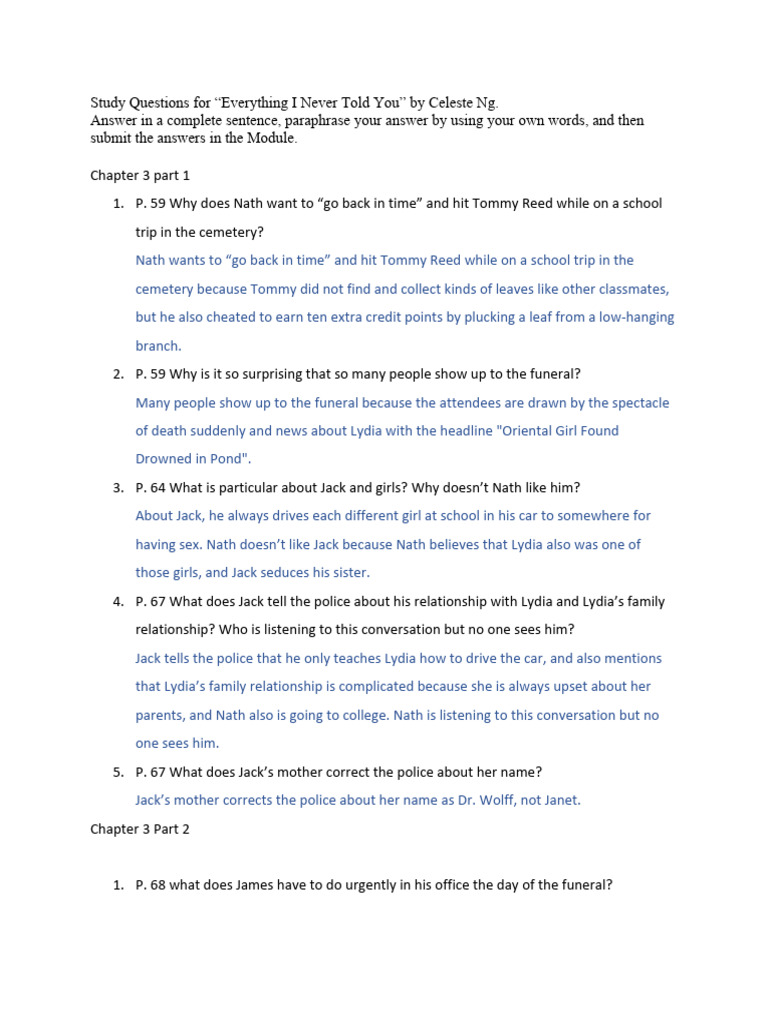 Study Questions for Everything I Never Told You | PDF