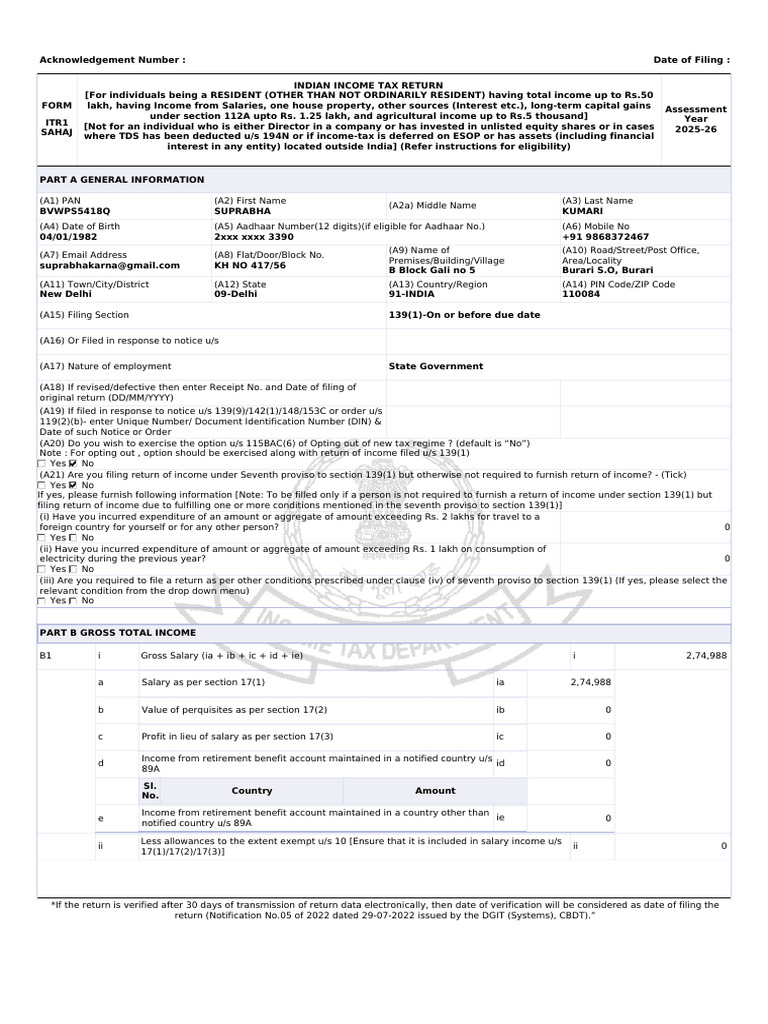 ITR1 Income Tax Return for FY 2025-26 | PDF